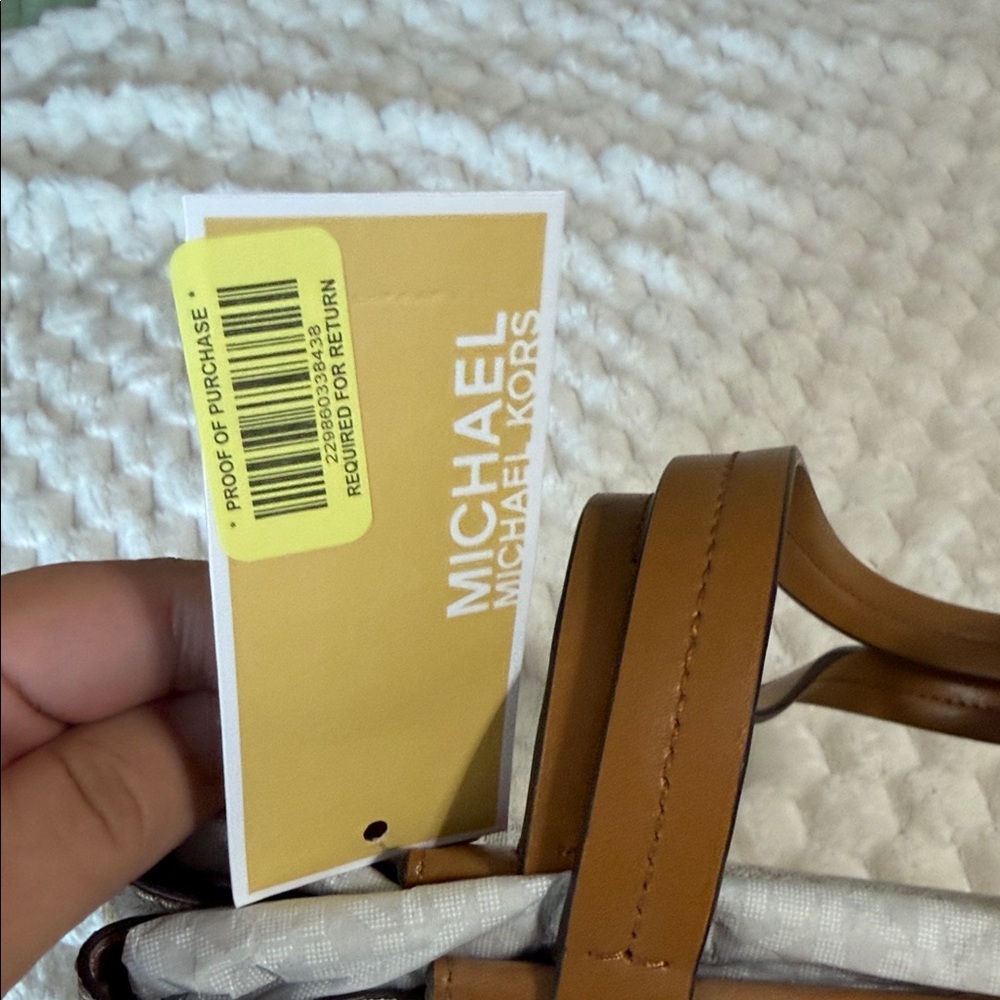 Michael Kors White and Tan MK Logo Tote with Front Pocket - Picture 2 of 4